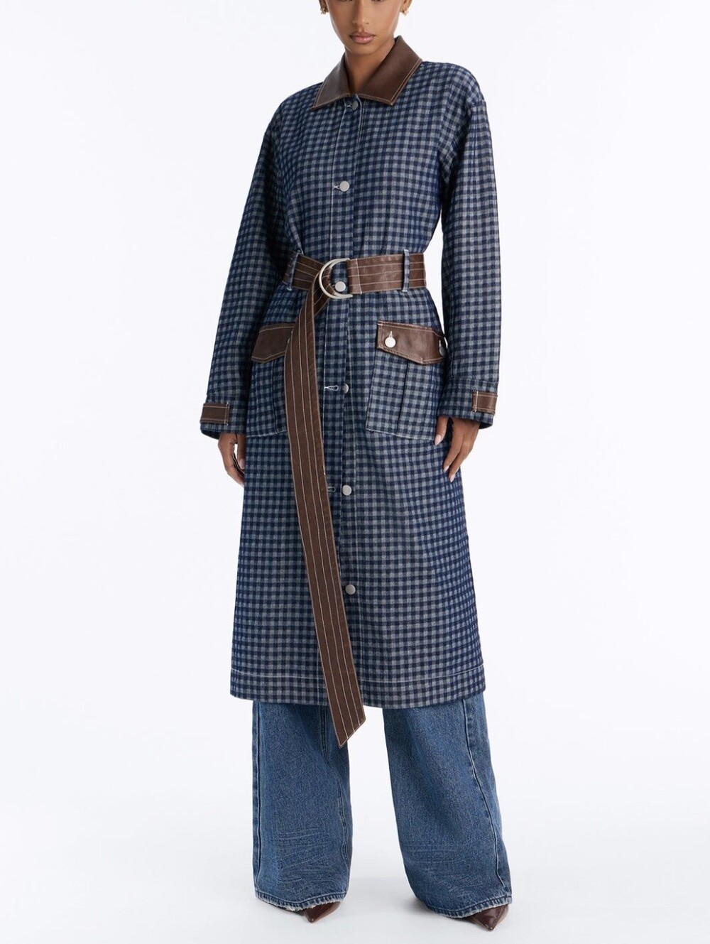 Long denim trench coat in a fine blue-grey check pattern with contrasting brown